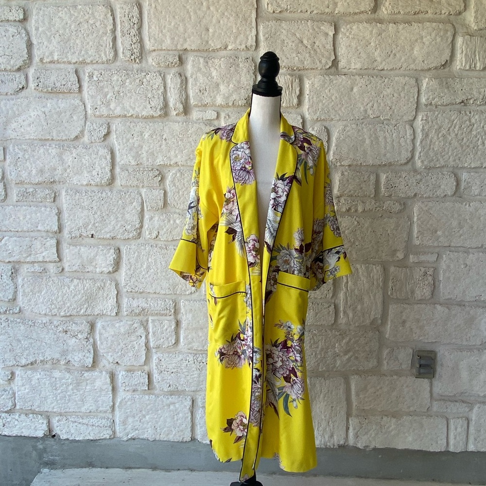 Topshop Yellow Floral Bird 3/4 Sleeve Kimono Sz 4